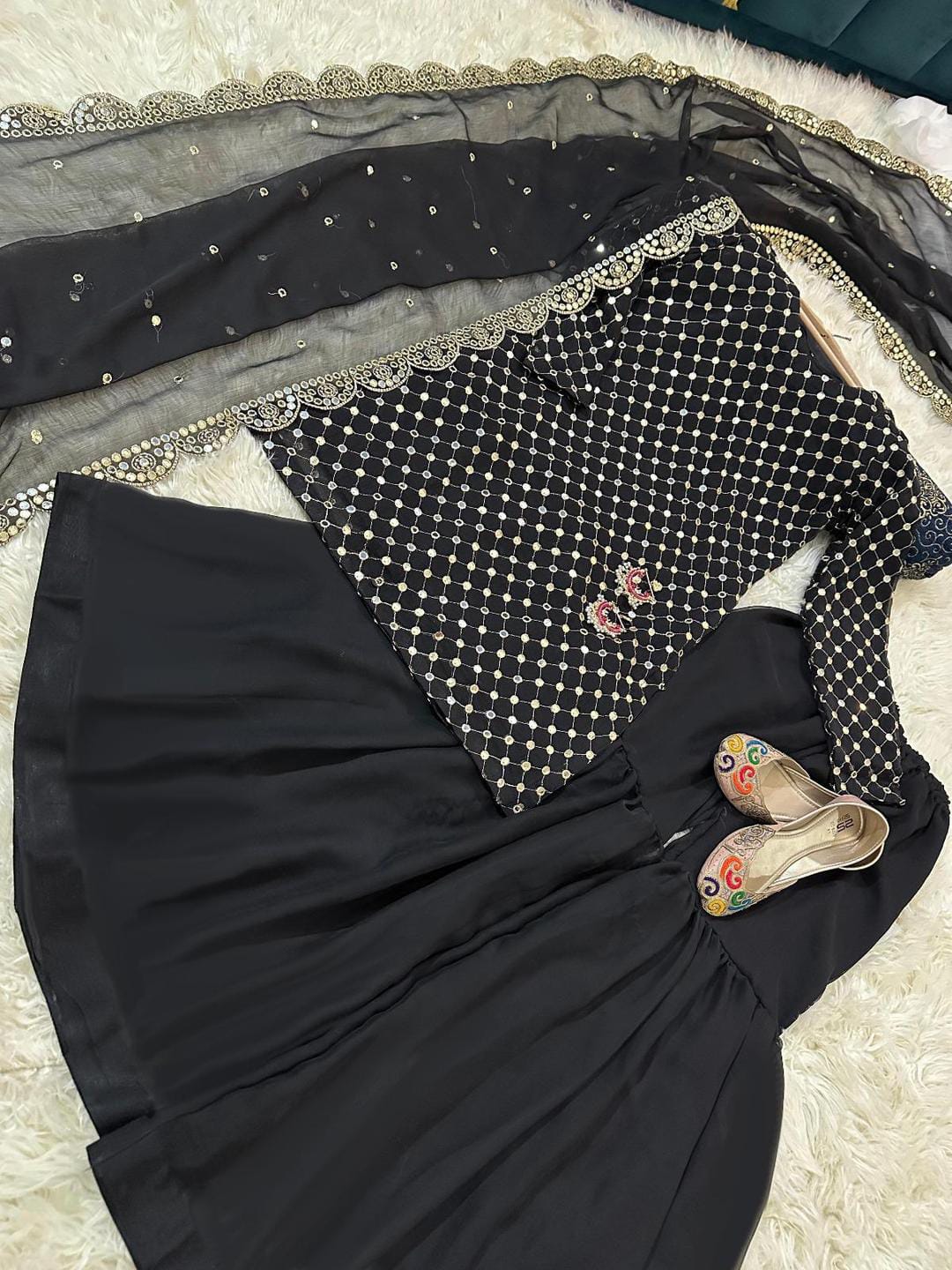 Stunning Black Chiffon Sequins Embroidered Gharara Shirt Set - 3 Pcs